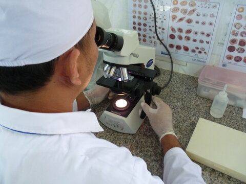 laboratory technician looking through a microscope.