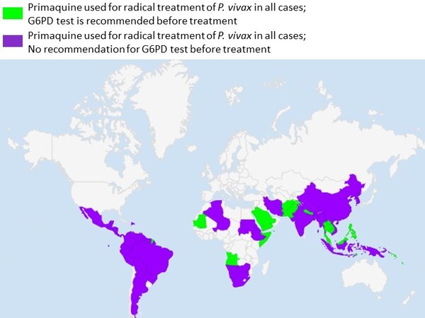 Mapa de con las regiones donde se recomienda realizar pruebas de G6PD antes del tratamiento con primaquina señaladas en color verde.